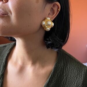 Vintage 1980s large embedded pearl statement earrings circle domes glam clip ons